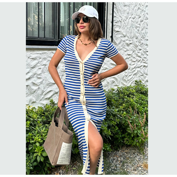 MANGO BLOGGER FAVE!!! Striped Knit Midi Dress NWT | Blue White Size 8 - Picture 10 of 16